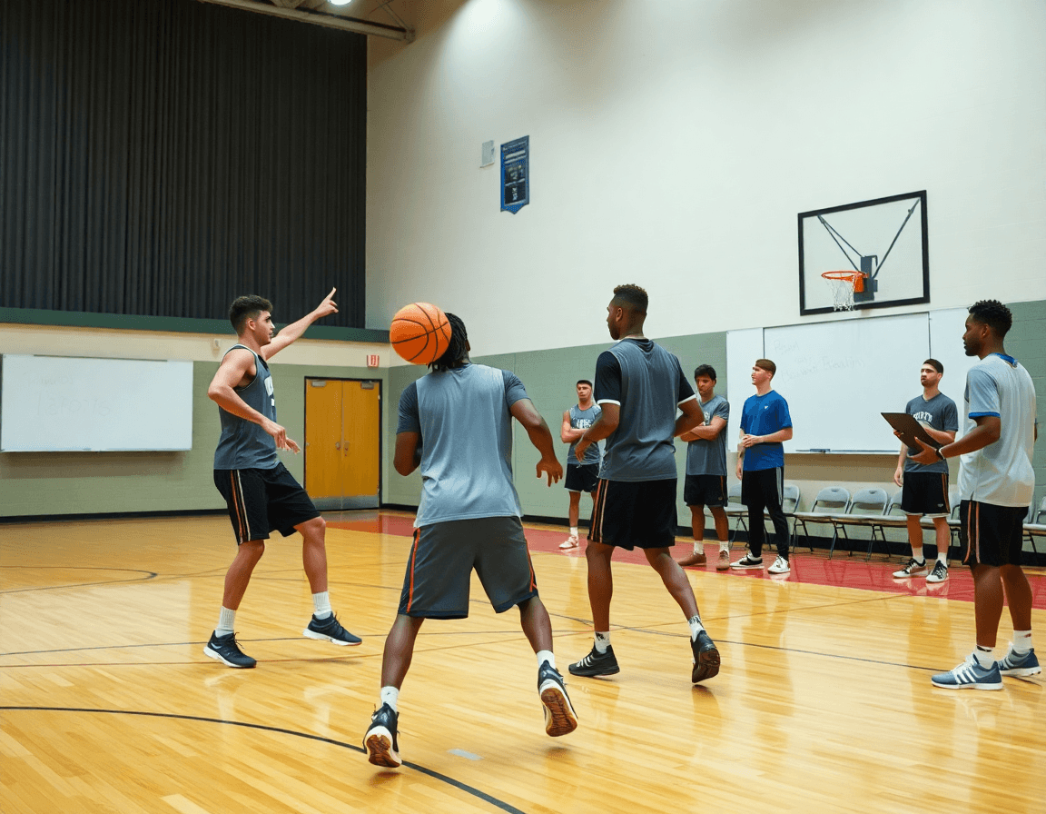 Two players practice high post motion offense reads on a bright basketball court.
