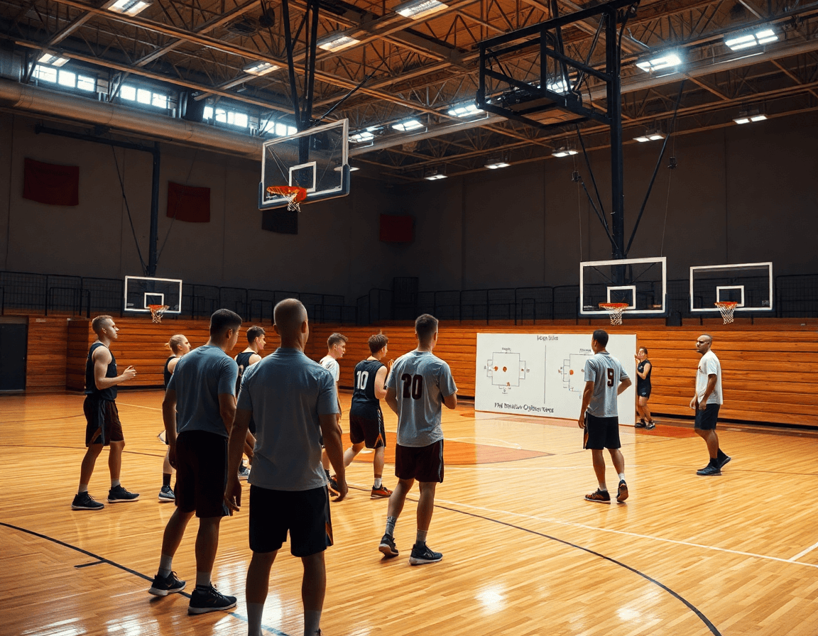 Wide-angle shot of a basketball gym during high post motion offense installation with coach and players.