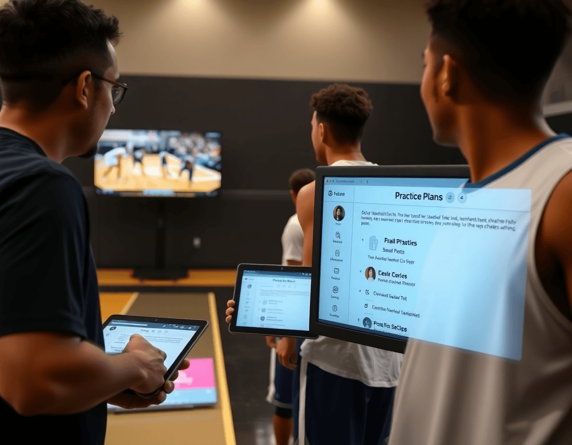 Workflow from plan to practice shows high school basketball practice drills and video clips guiding players.