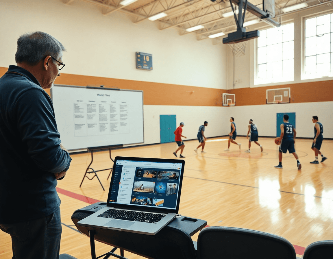 Wide shot of high school basketball practice drills in a bright gym with a coach guiding players.