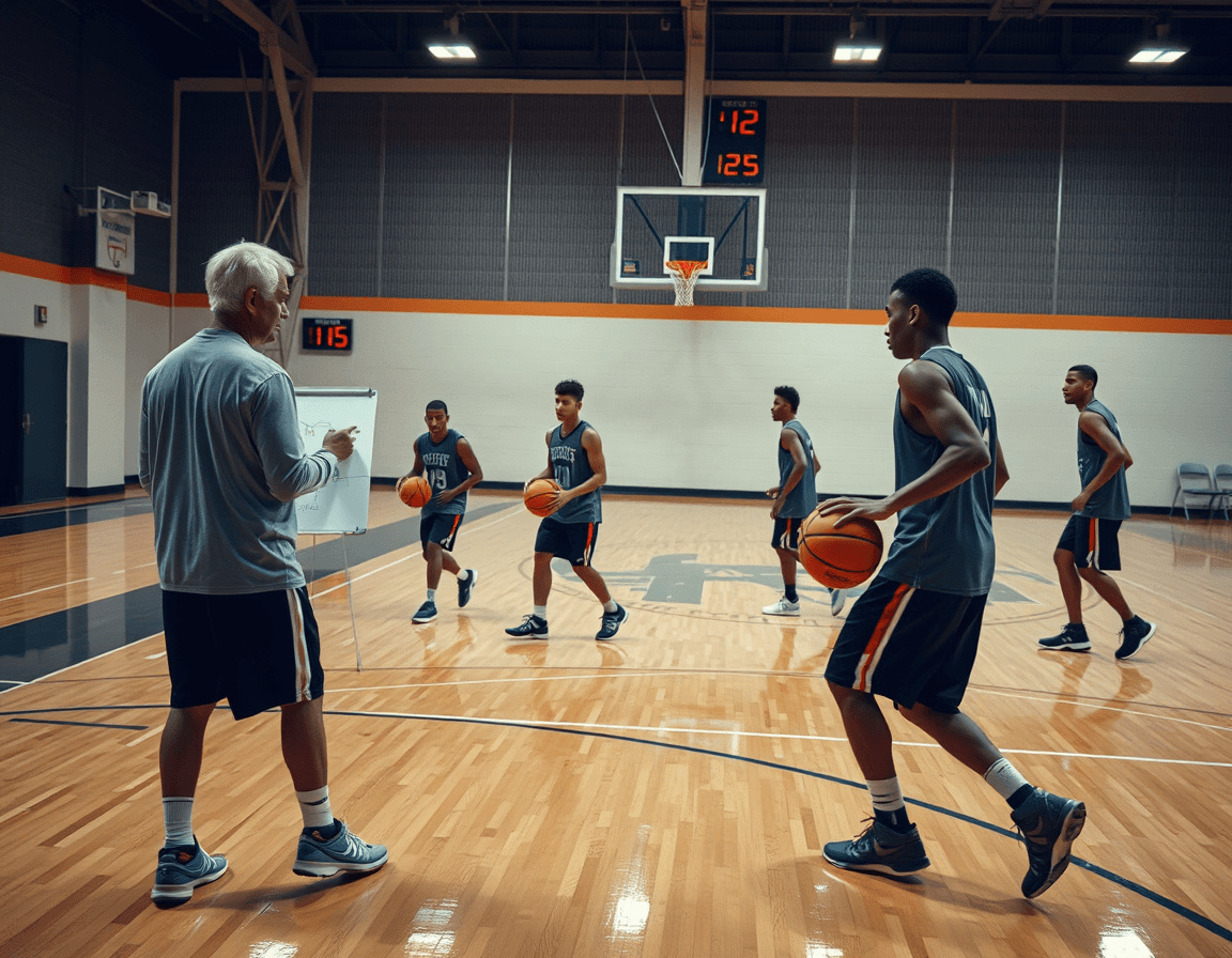 Tight shot of a high school basketball practice plan template guiding a speedy drill.