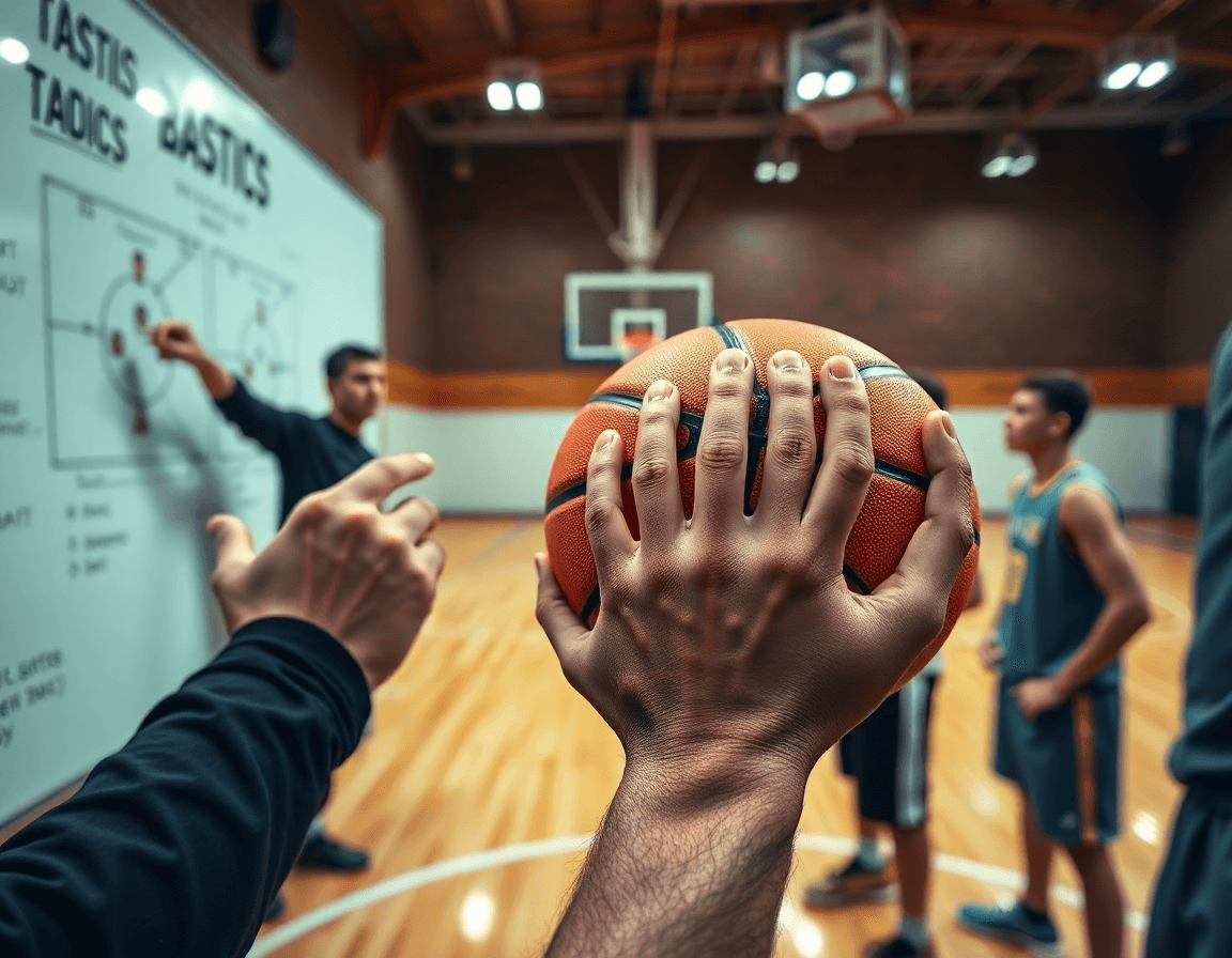 Close-up of hands guiding a high school basketball practice plan template on the court.