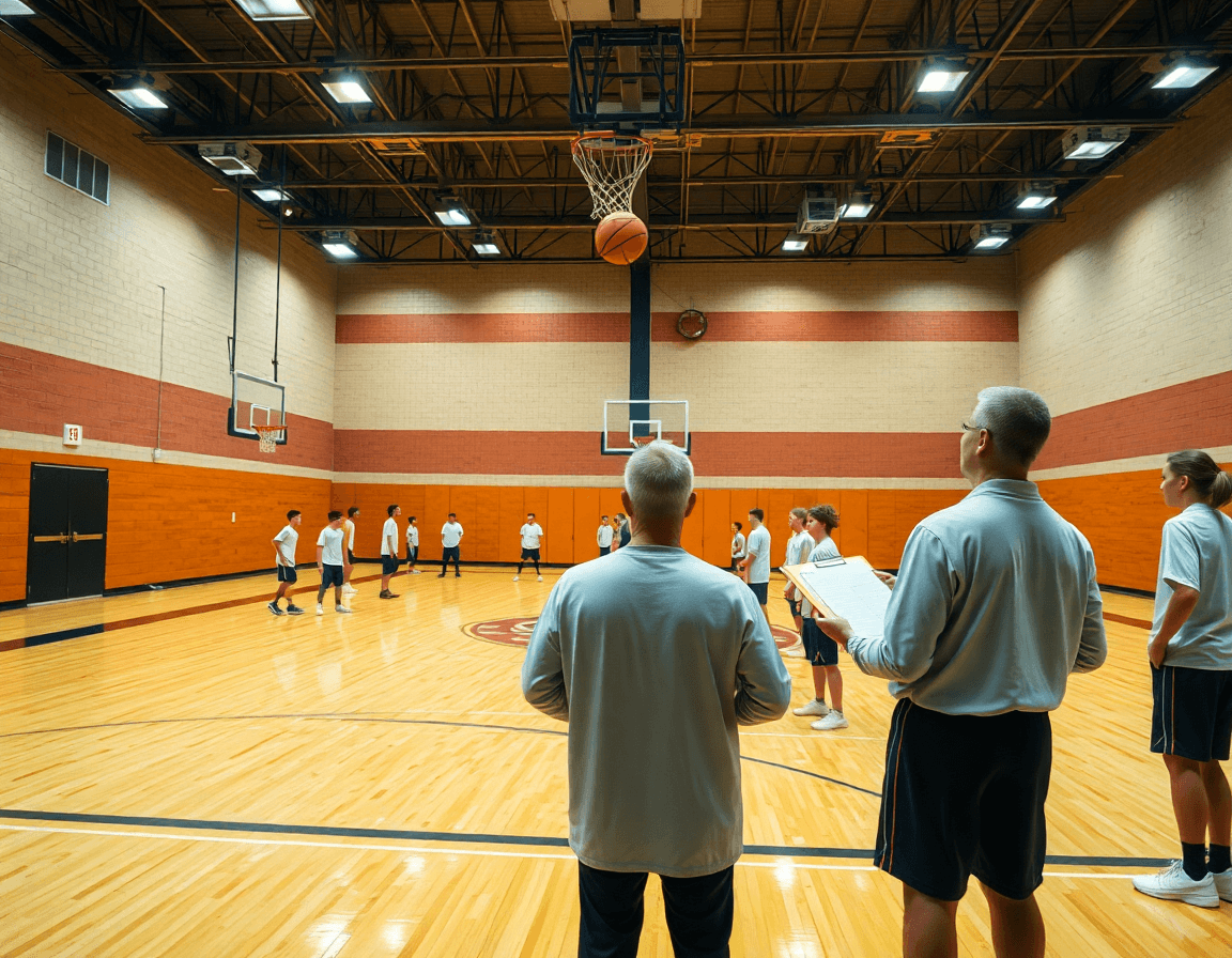 Wide cinematic view of a high school basketball practice plan template in action on the hardwood.