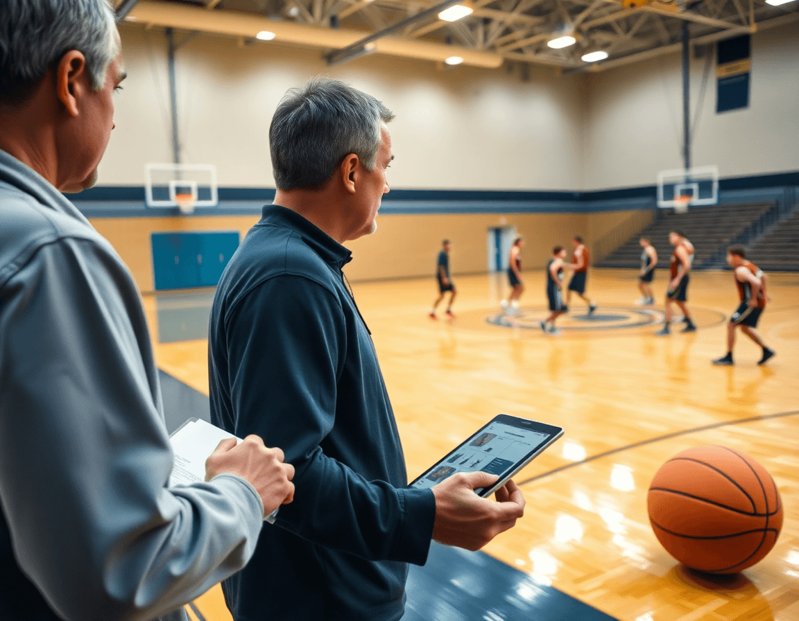 Coach guides warmups as a high school basketball practice plans pdf workflow unfolds on a tablet.