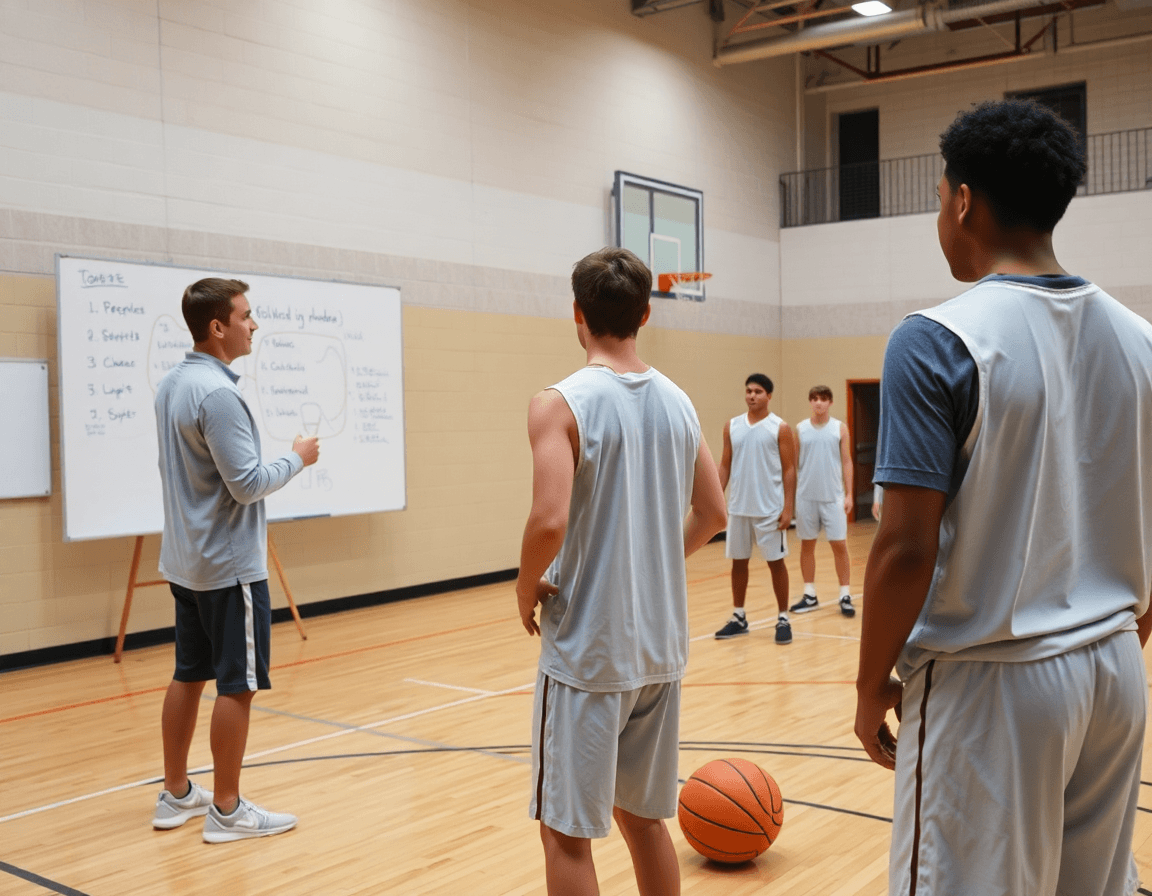 Coach draws plays on a whiteboard; high school basketball practice plans pdf guides the drill.
