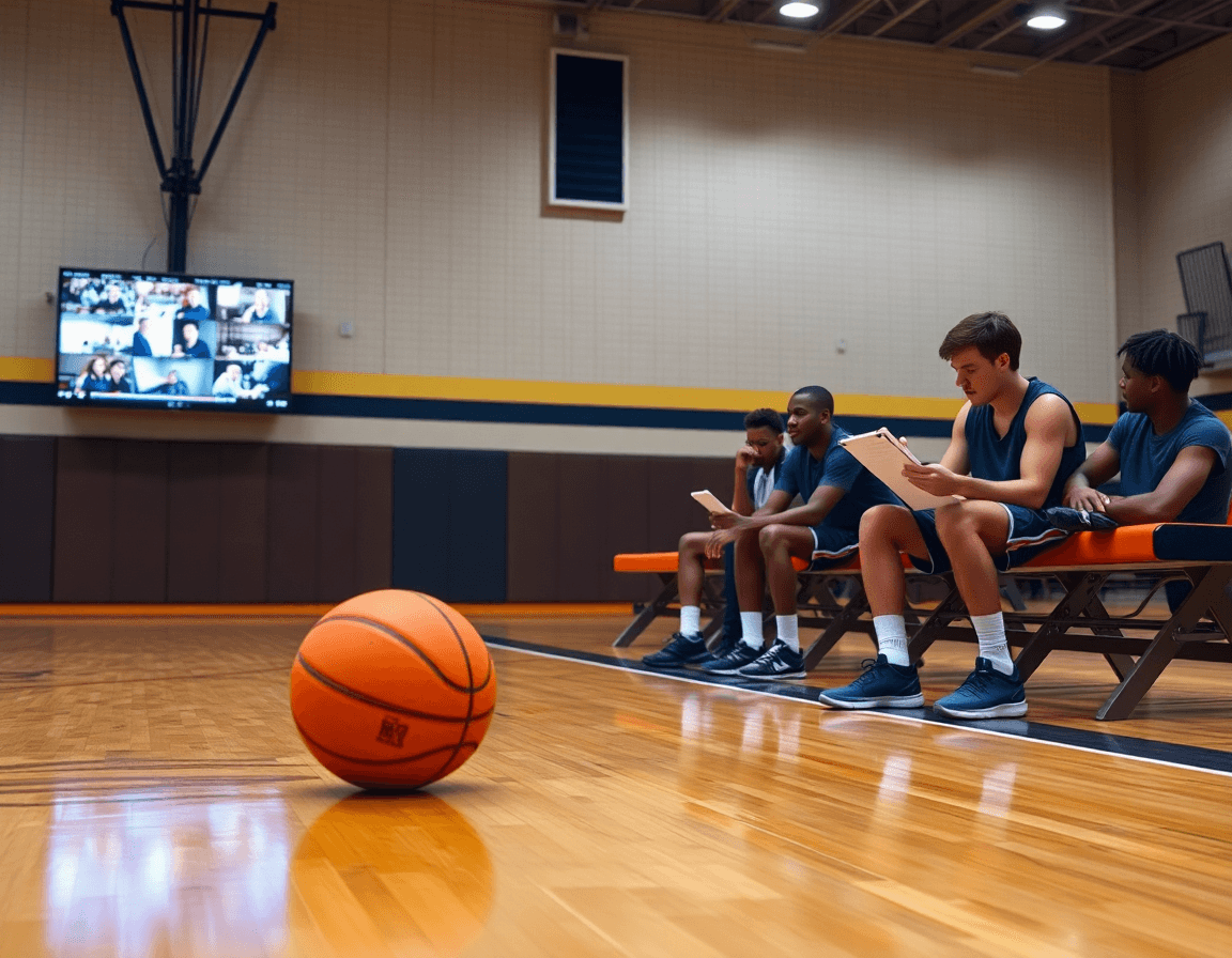 Players study scouting notes on a tablet; high school basketball practice plans pdf guides the session.