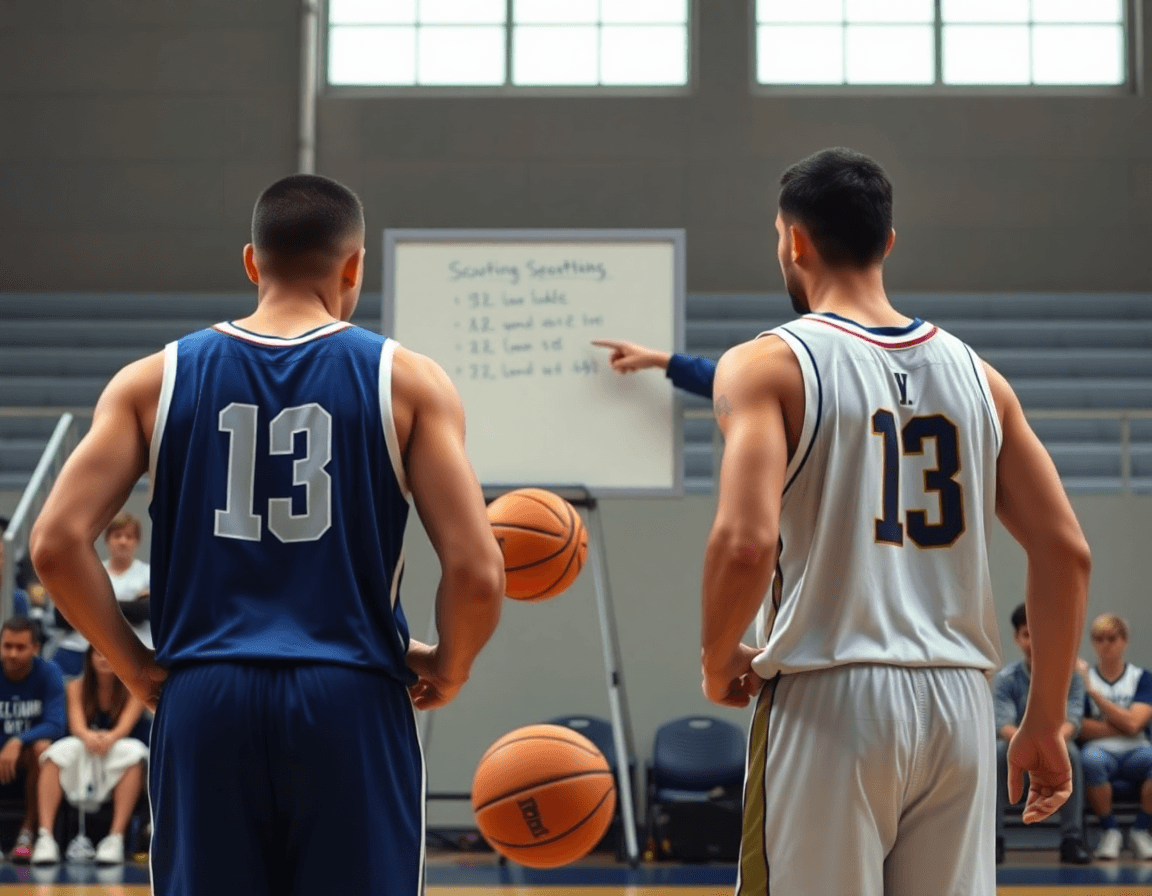 Close-up on high school basketball scouting reports in action as players drill and listen.