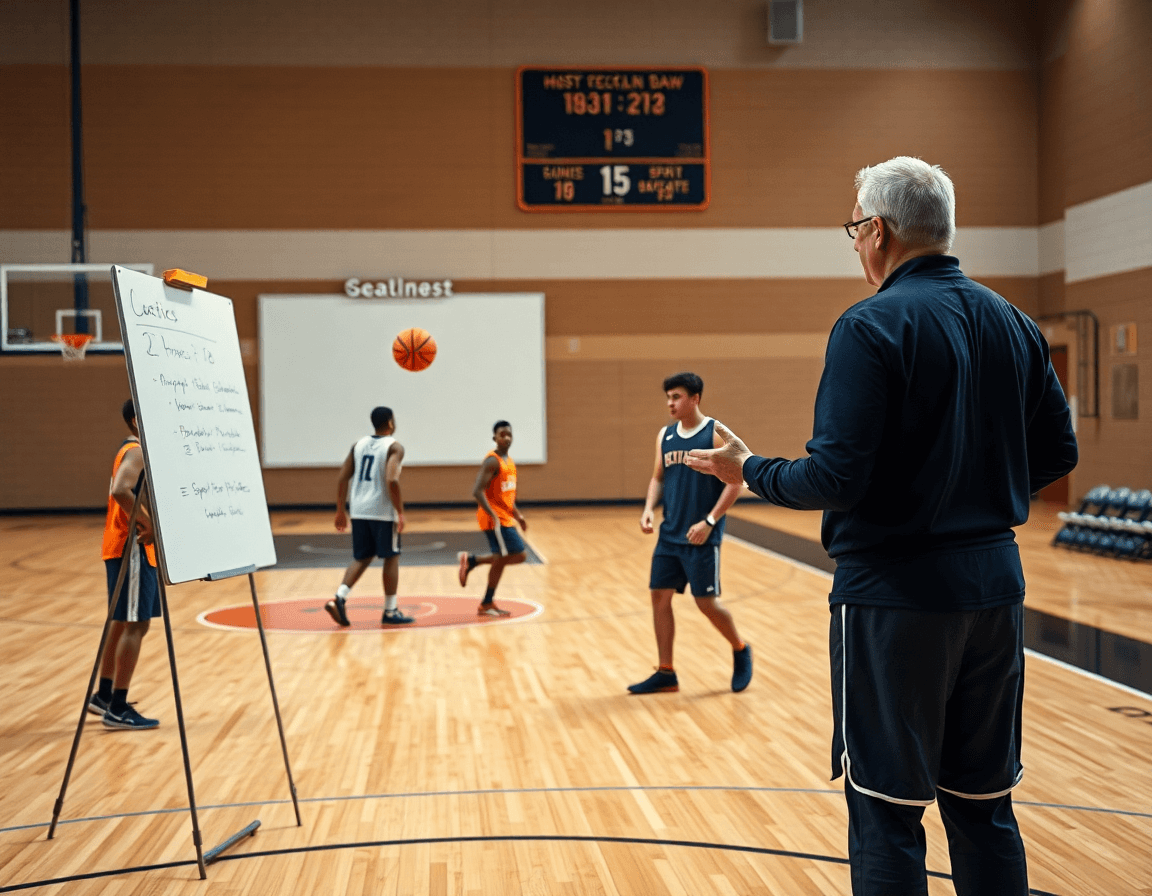 Coach uses whiteboard to outline high school basketball scouting reports during a drill.
