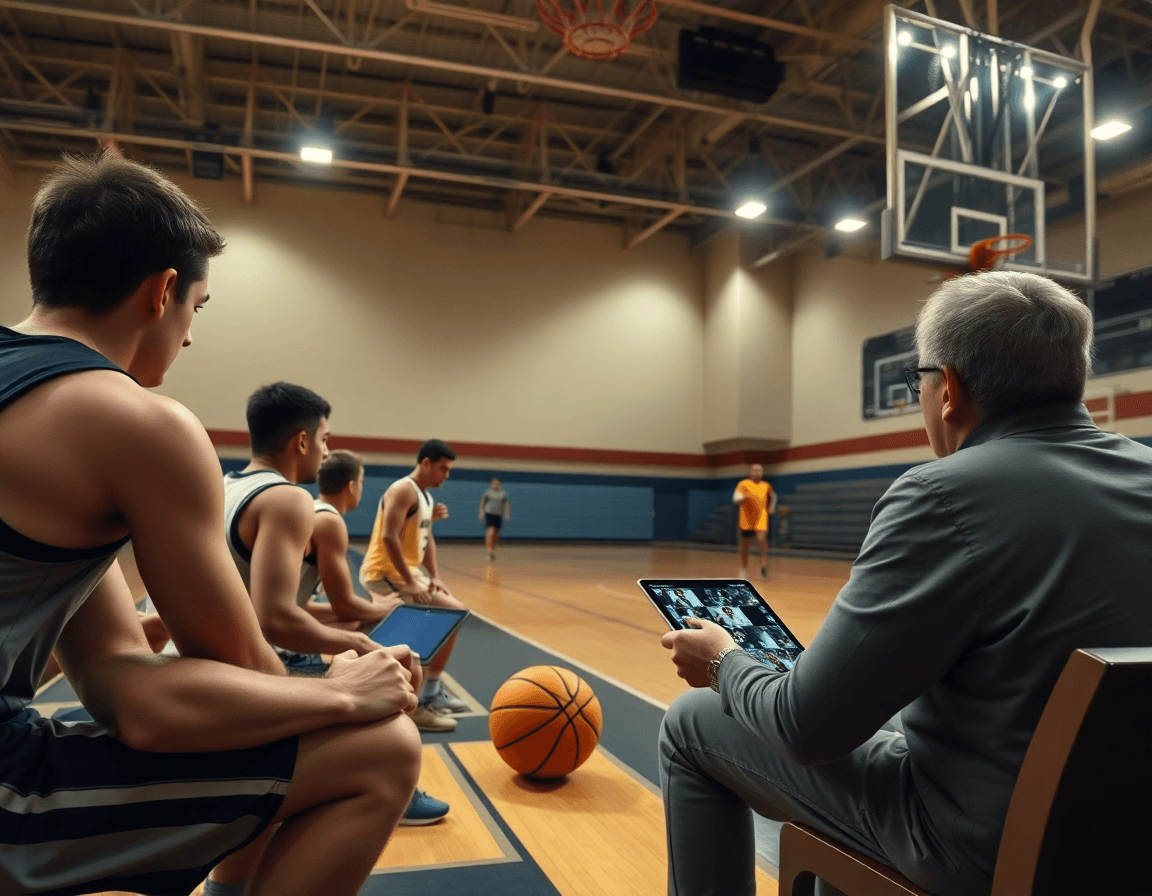 Long shot of high school basketball scouting reports in action as players watch basketball clips on a tablet.