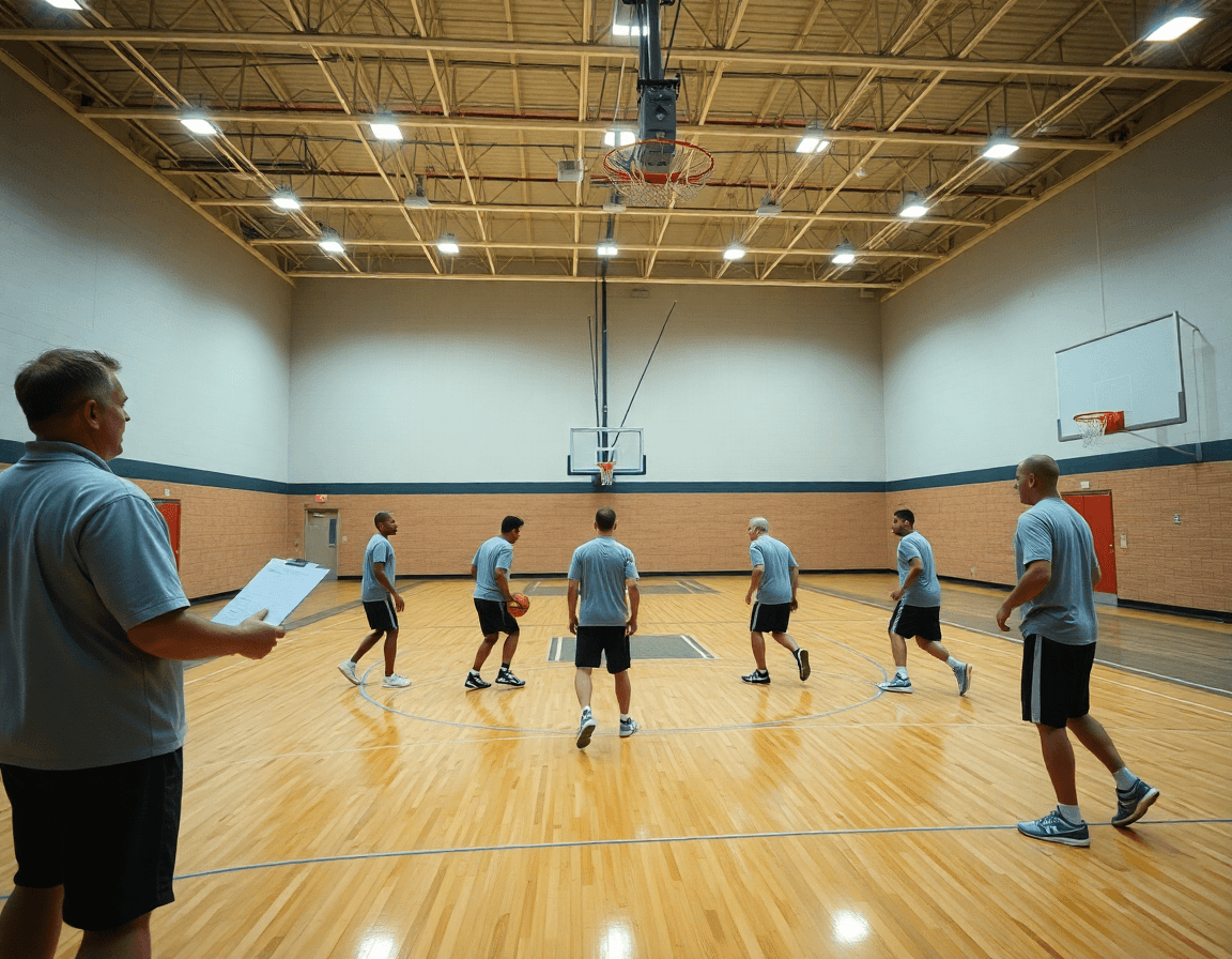 Wide, cinematic view of high school basketball scouting reports unfolding on a gym hardwood court.
