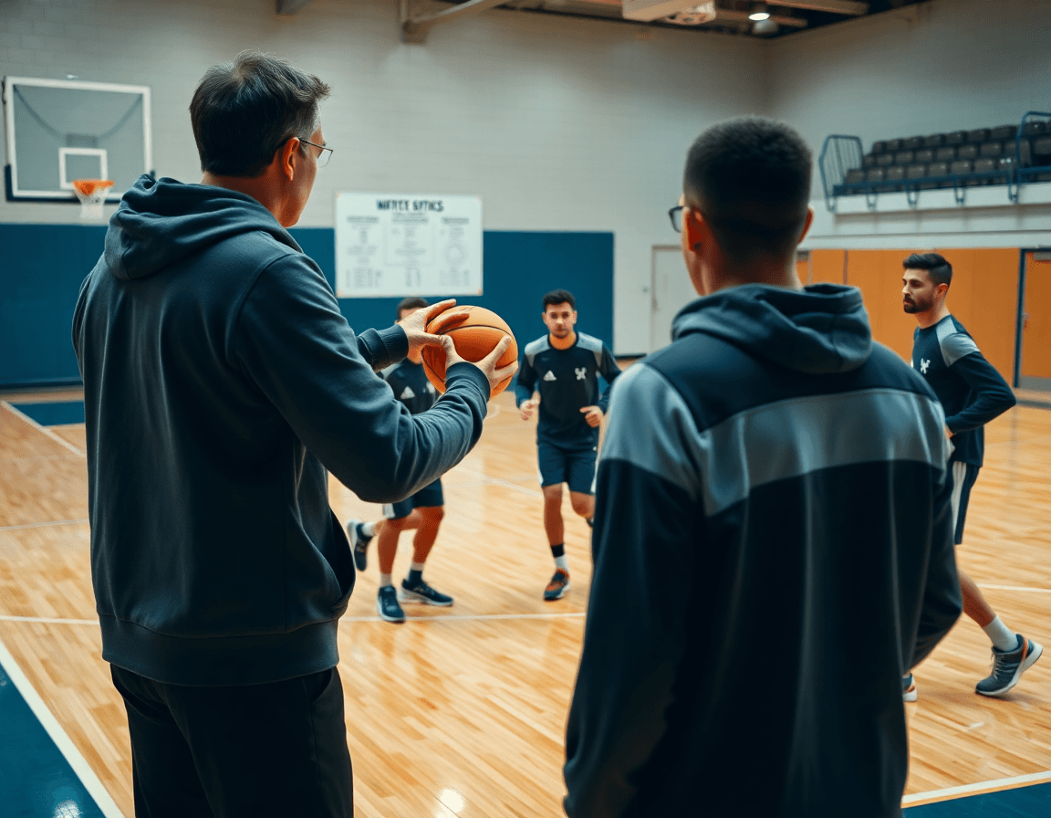 Coach sketches horns flex offense sequence on a whiteboard during a basketball drill.
