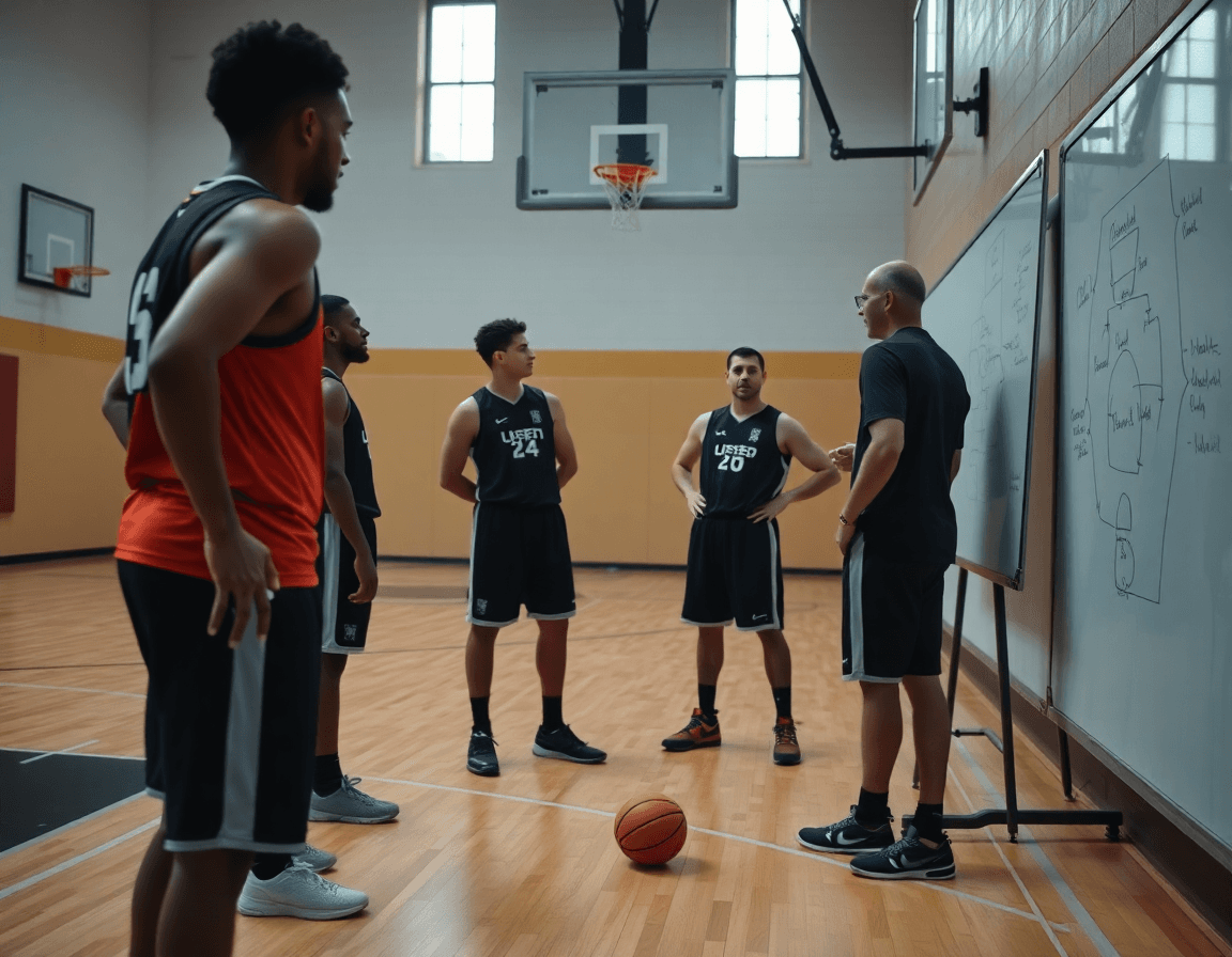 Whiteboard session mapping a basketball sequence for horns flex offense during basketball practice.