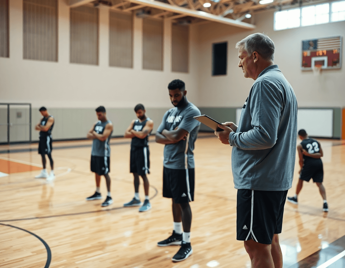 Coach reviews horns flex offense scouting notes as players watch on a tablet during basketball practice.
