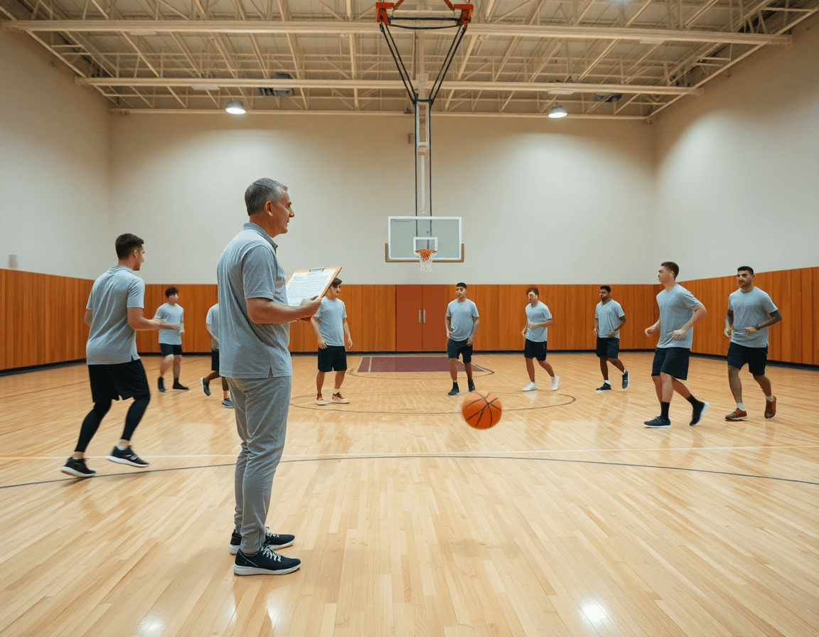 Wide shot of basketball coach guiding horns flex offense on a bright gym court.