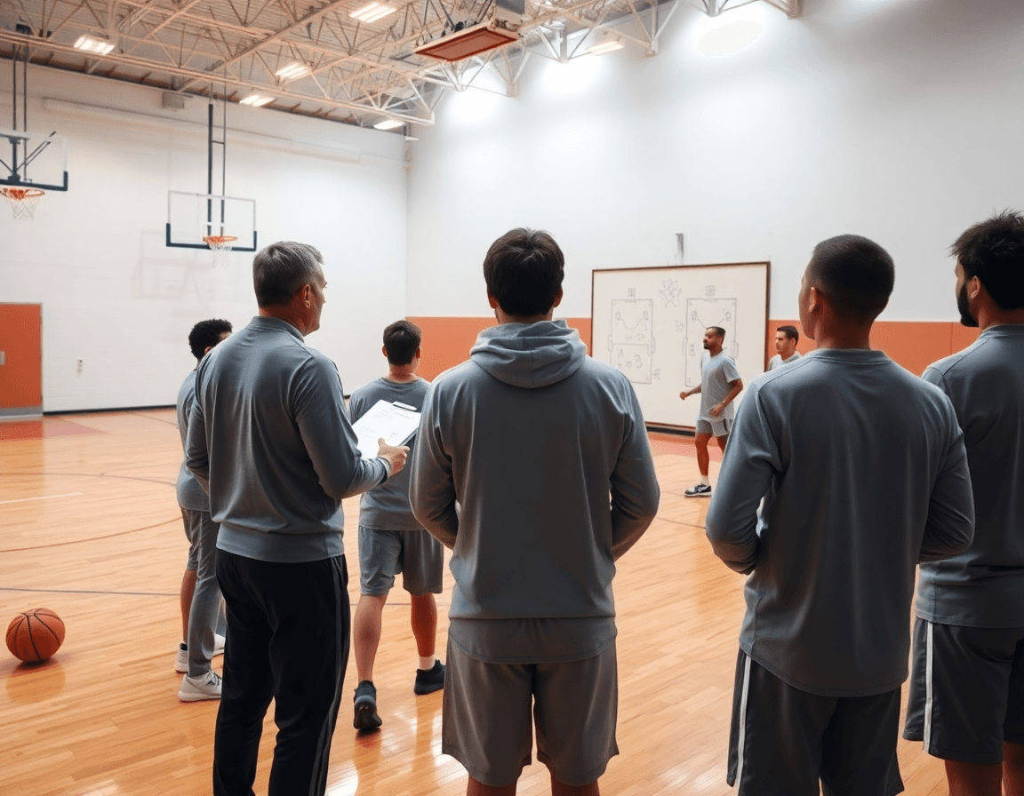 How to beat a 2 3 zone defense illustrated by a coach guiding basketball players.