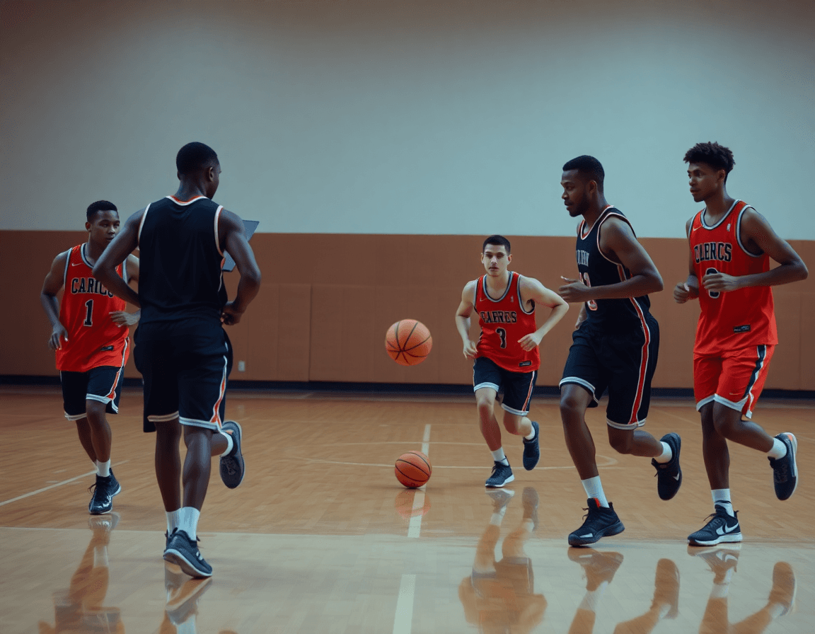 How to break down basketball game film as five players execute a drill on hardwood.