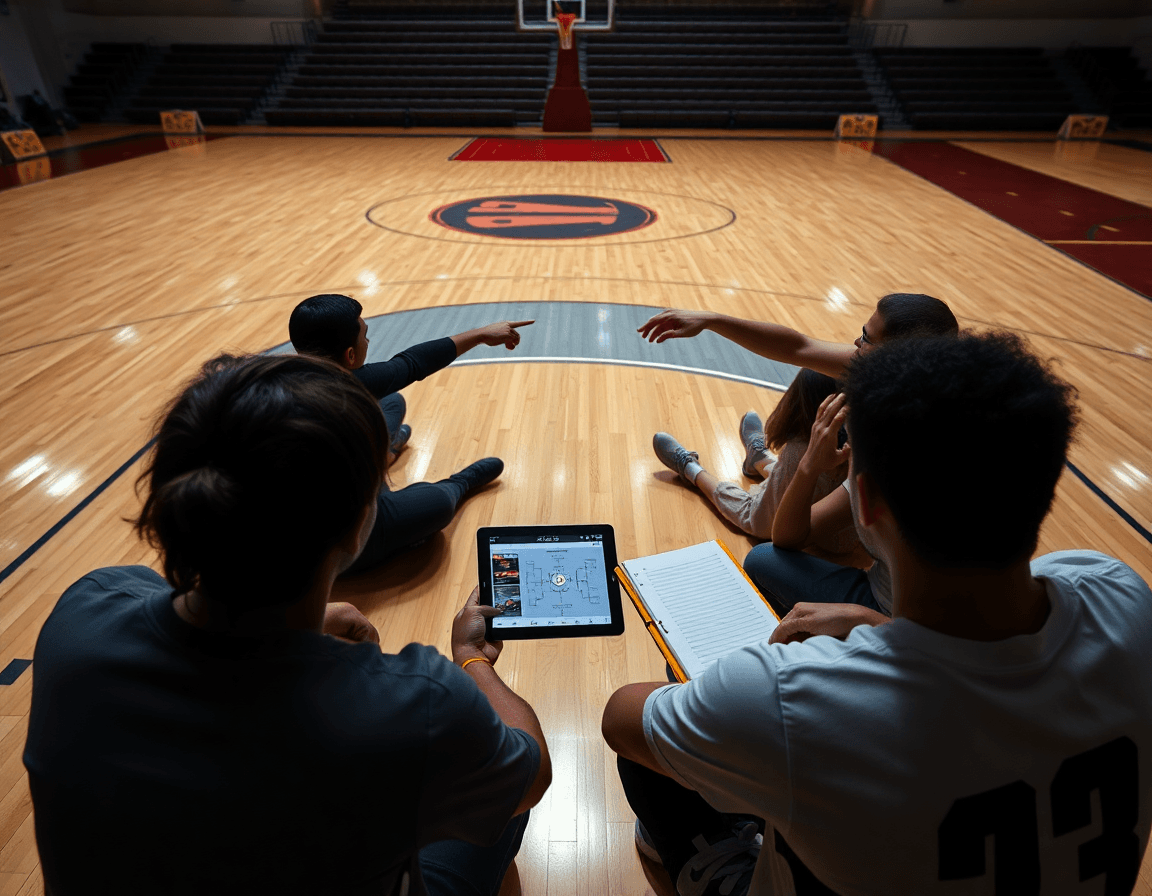 How to break down basketball game film guiding playbook review during team wrapping up practice.
