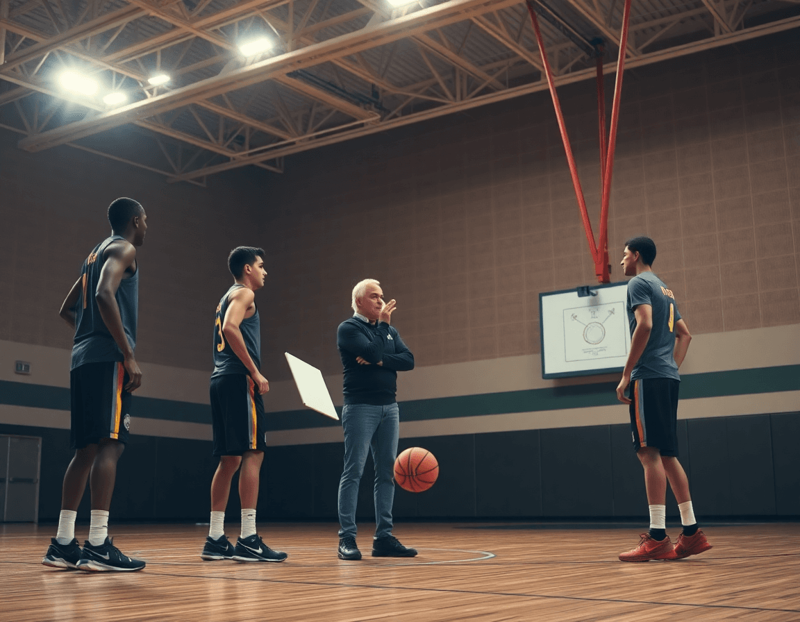 Coach base guides a basketball drill at the whiteboard on the hardwood basketball court.
