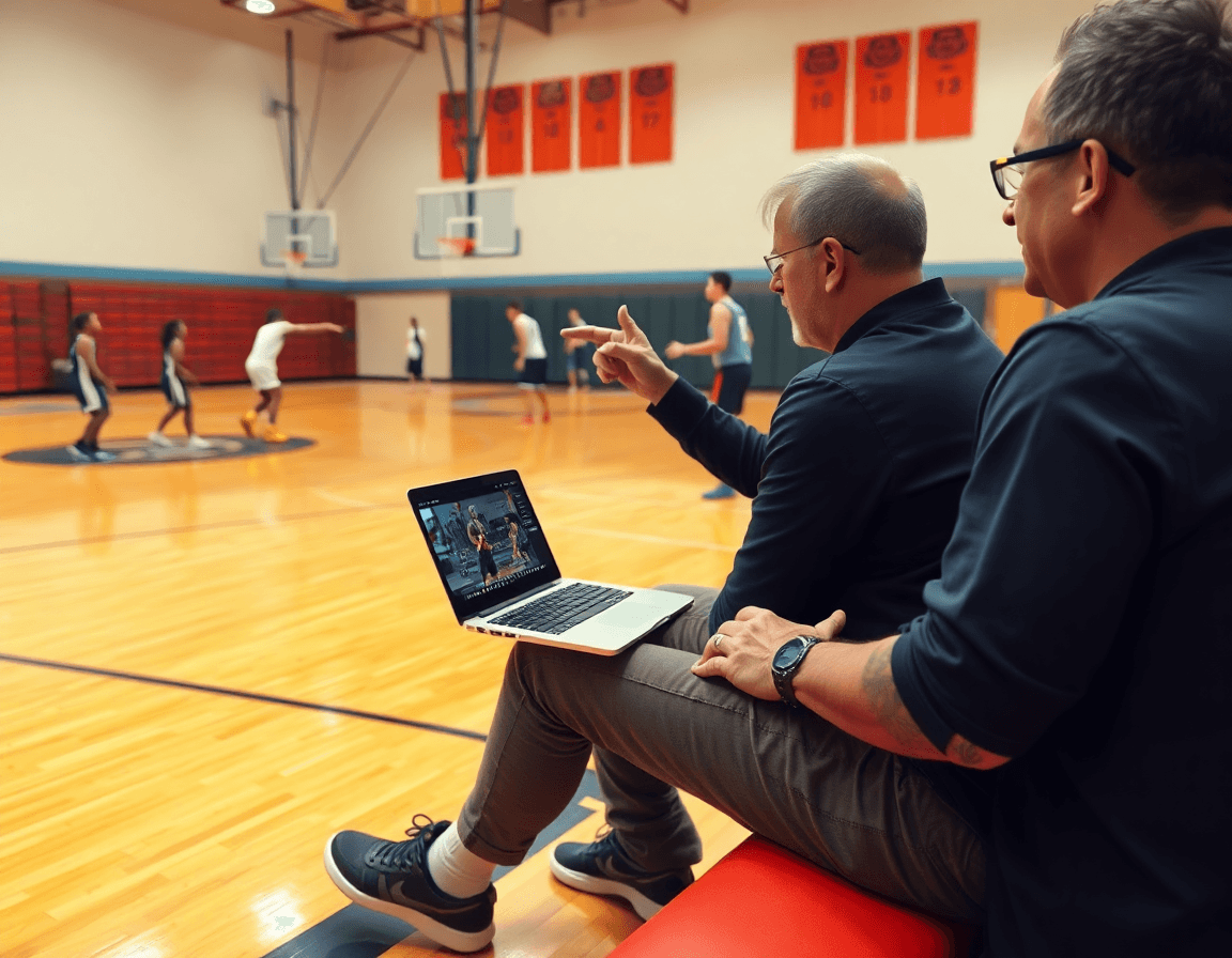 Coach base reviews basketball clips on a laptop while players practice on the court.