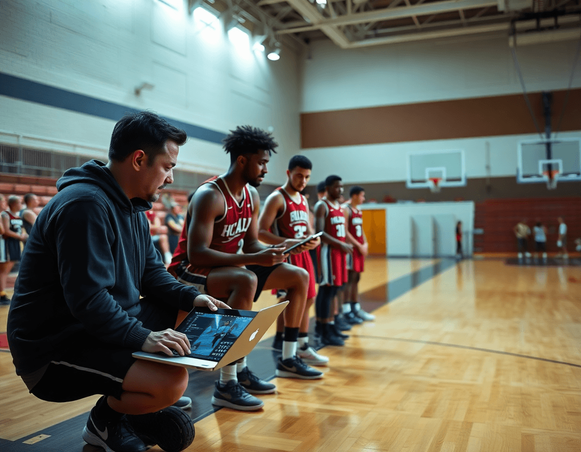 Coach base coordinates basketball playlists on a laptop beside the hardwood court.