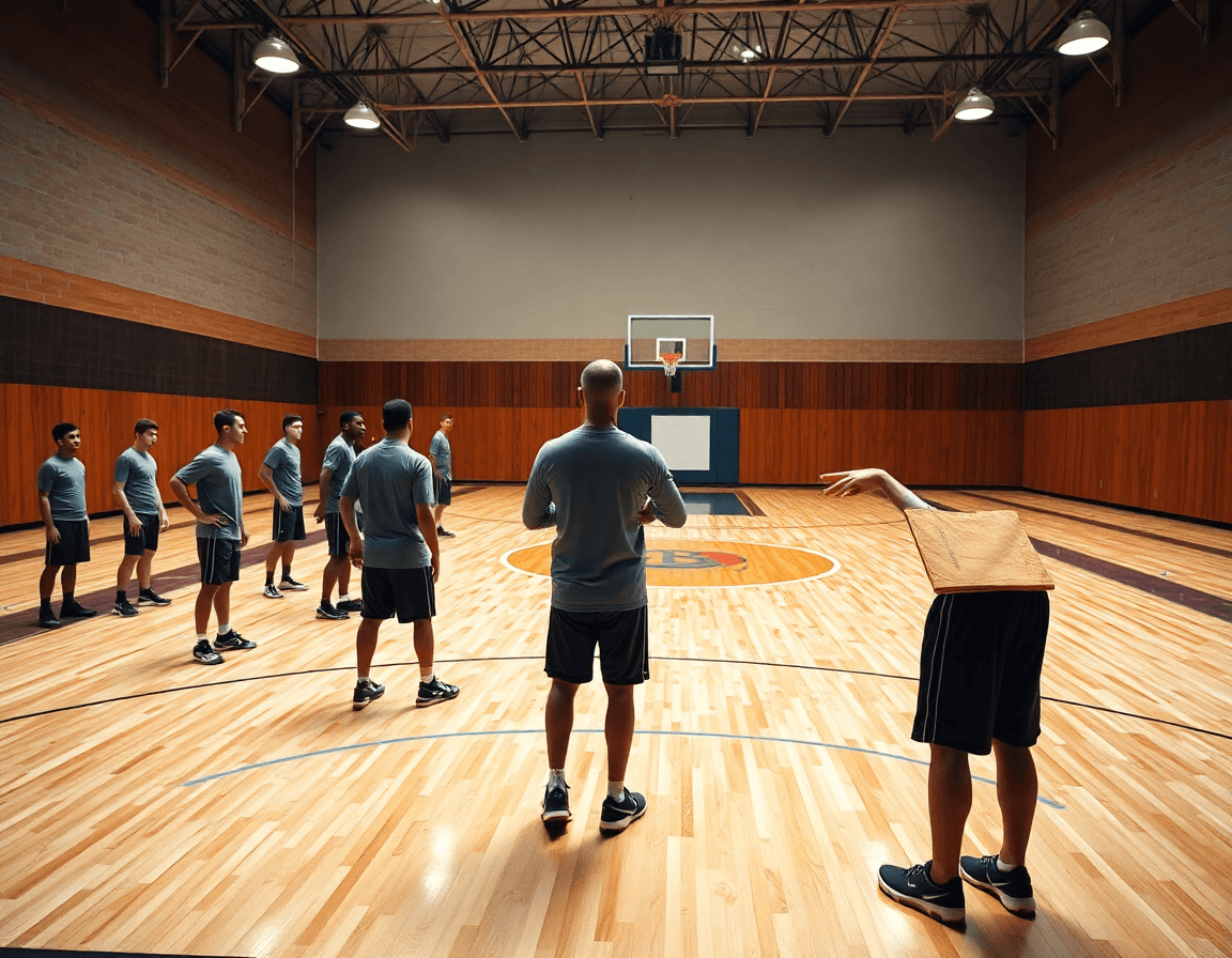 Wide shot of a coach base guiding a basketball practice on the hardwood court.