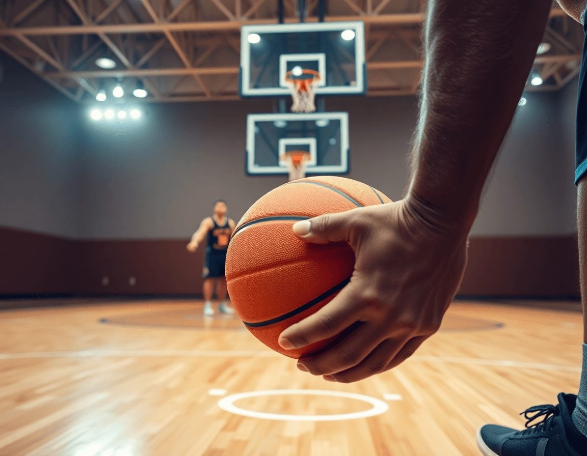 Close-up hands with an orange basketball and coach guiding individual basketball drills pdf excerpt.