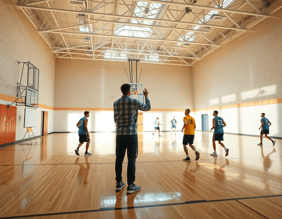 Coach outlines individual basketball drills pdf plan as players run solo drills in a basketball gym.
