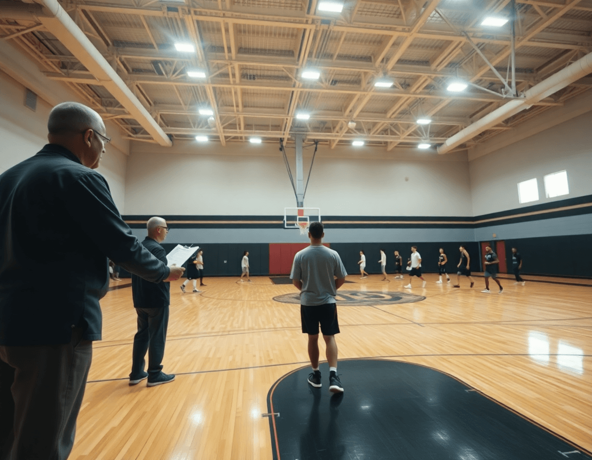 Broad view of a gym where coaches and players execute individual basketball drills pdf inspired practice.