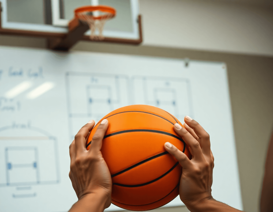 Two players run a drill as the coach outlines a basketball possession sequence.