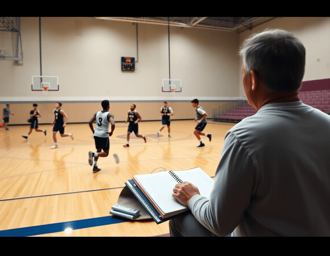 Full court action shows players sprinting as the coach tracks basketball possessions for basketball prep.