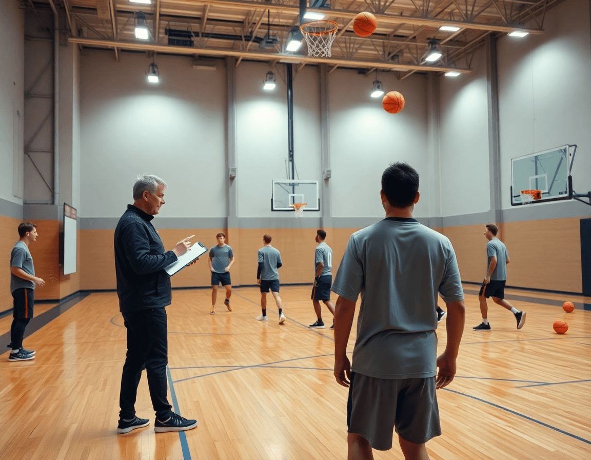 Wide shot of a basketball team practicing possessions on a wooden basketball court.
