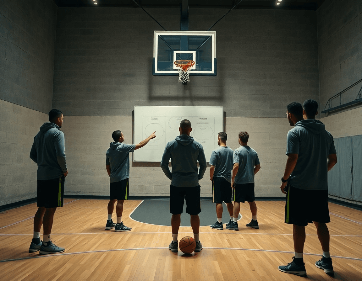 Coach explains how to create a basketball practice plan on a tactics whiteboard as players listen