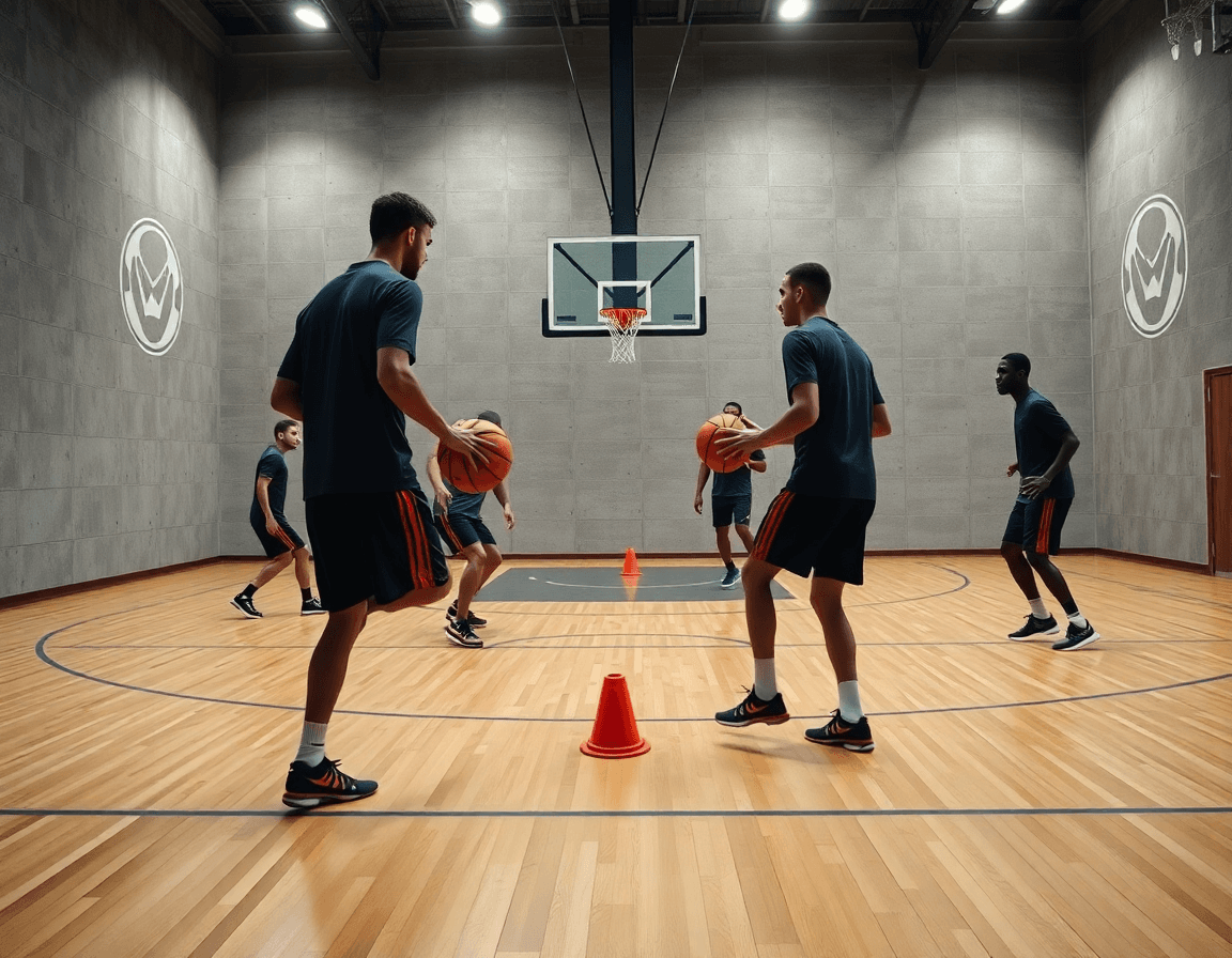 Coach leads drill progression showing how to create a basketball practice plan through on-court actions