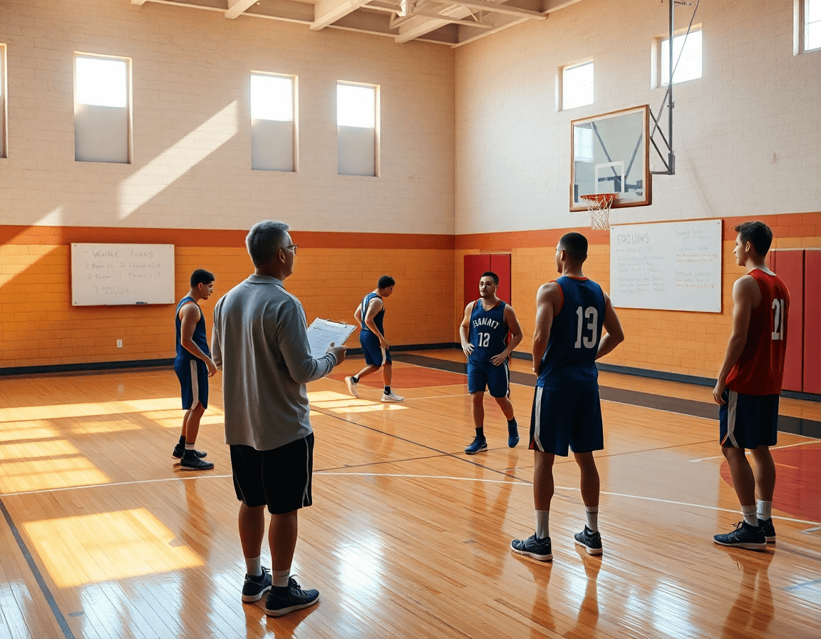 Coaching session on a sunlit hardwood basketball court maps a free basketball practice plan with players.