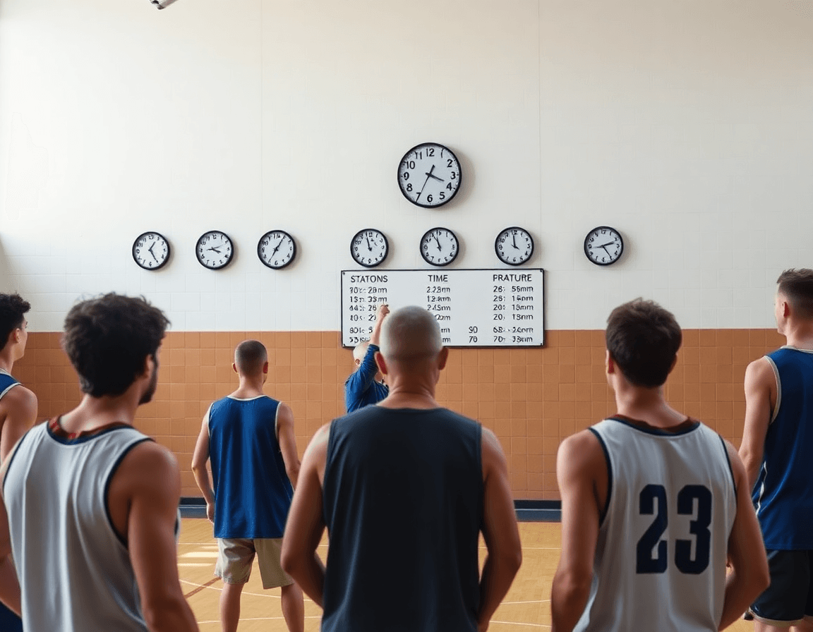 Time-blocked drill setup on a basketball court with a free basketball practice plan across the court.