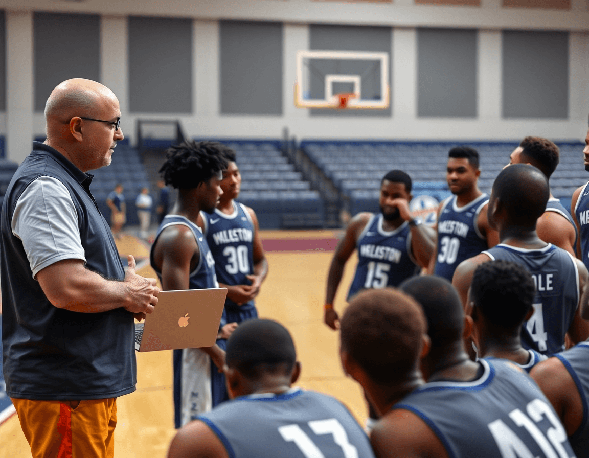 Coach reviews video reinforcing the free basketball practice plan as players observe on a hardwood basketball court.