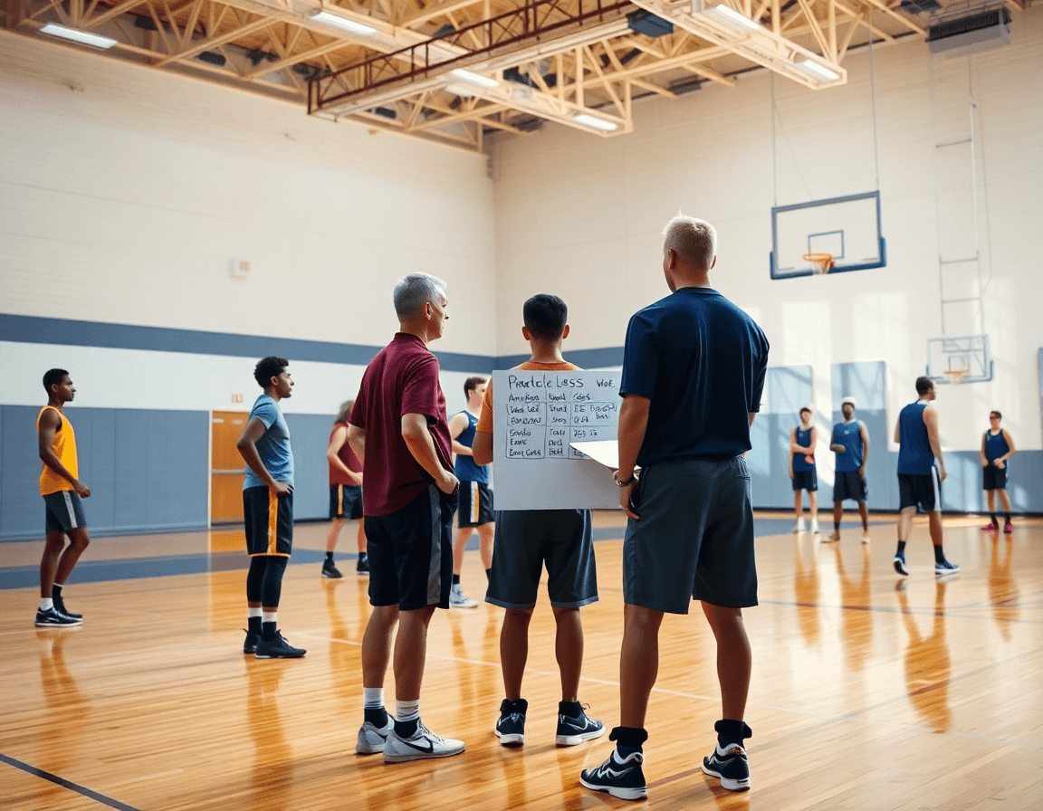 Wide view of a basketball coach planning a free basketball practice plan with players.