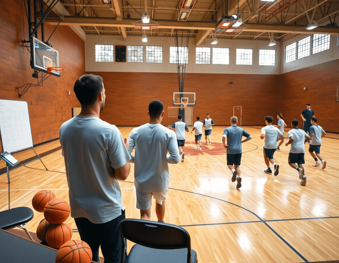 Wide shot of a basketball gym during practice, a coach demonstrates how to draw basketball plays to players.