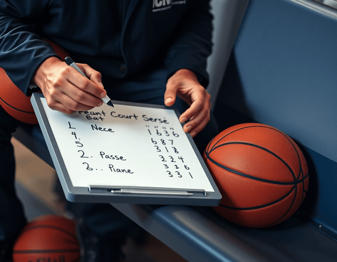Close-up showing how to keep basketball stats during a live drill on the whiteboard.