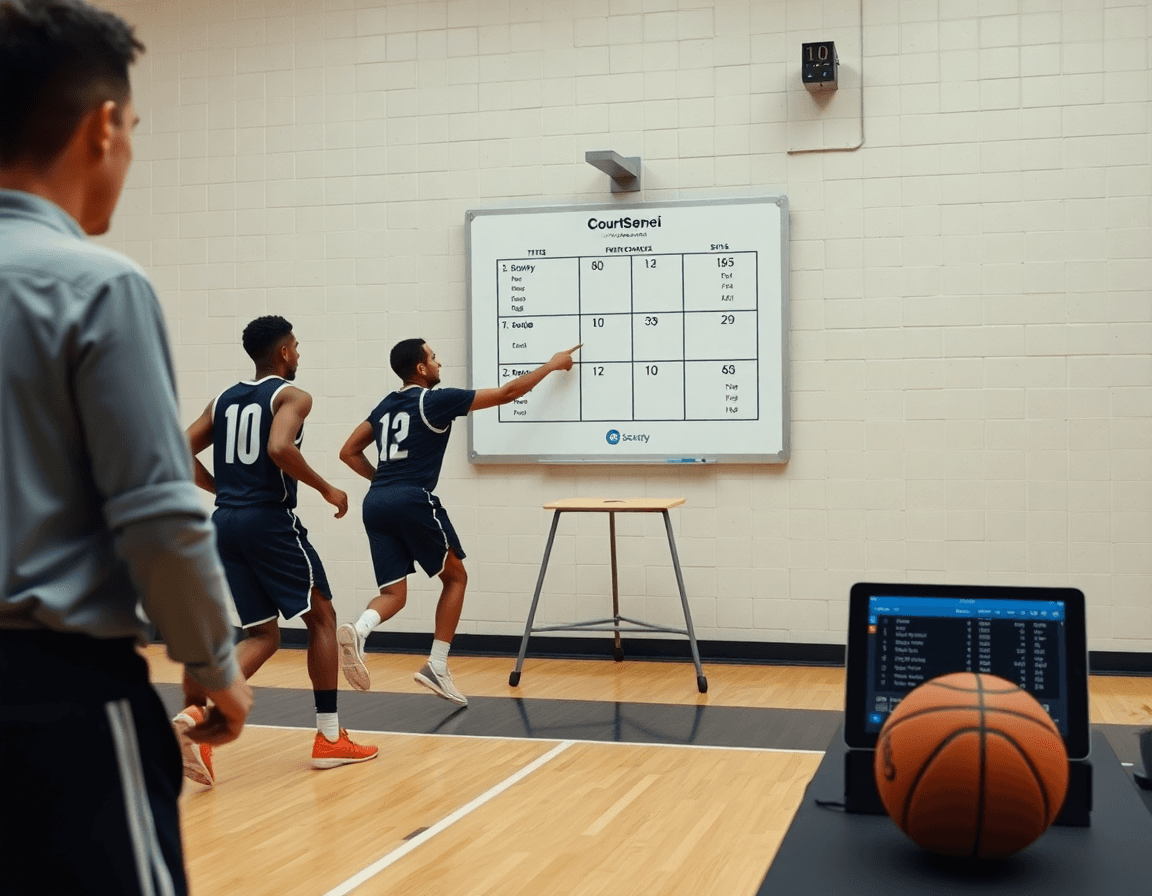 How to keep basketball stats demonstrated during a live drill with a tablet beside players.