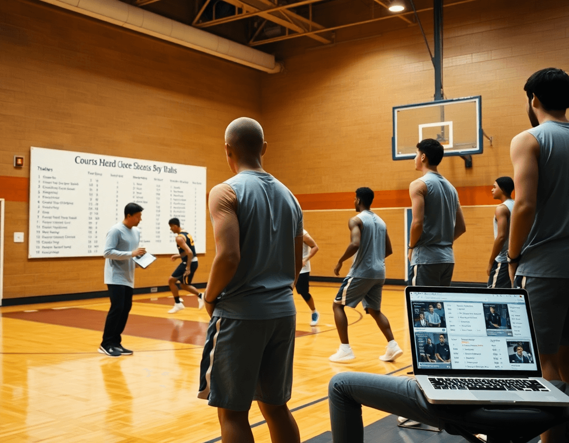 Wide shot of a basketball coach teaching how to keep basketball stats during practice.