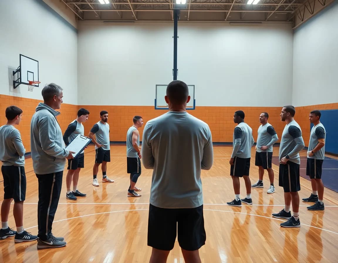 Wide gym shot of perimeter defense basketball drill led by a focused coach.