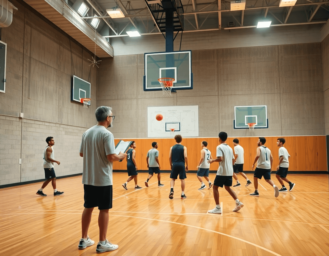 Wide-angle view of animated basketball players practicing with a coach on a hardwood court.