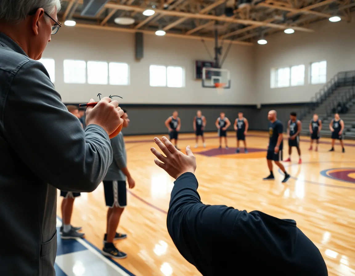 Close-up on coach and players as basketball drill unfolds with whiteboard guidance.