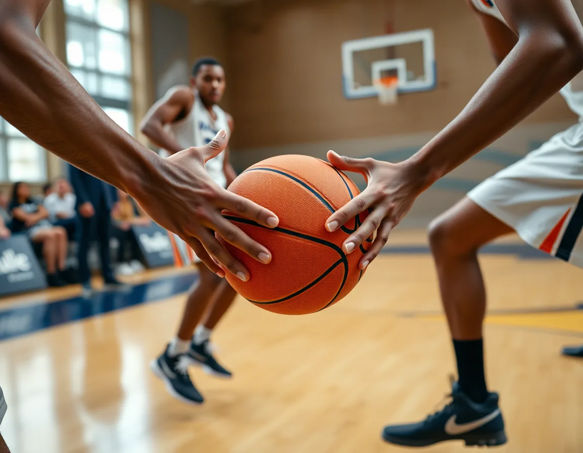 Close-up on hands and the orange basketball as players execute a fast drill in basketball.