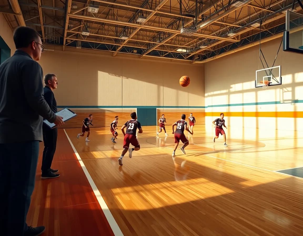 Wide-angle view of a full-court basketball play developing during practice in the gym.