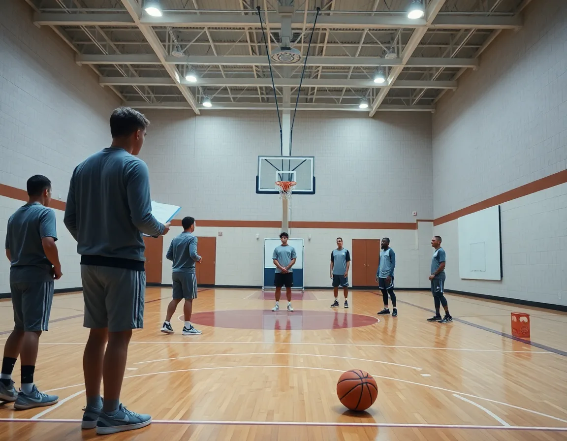 Coach outlines 1-3-1 offense basketball on whiteboard as players position around the court.