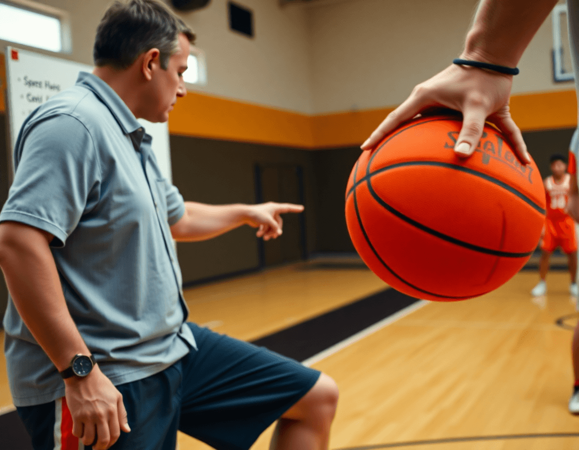 Close-up of hands dribbling a bright orange basketball as the coach outlines how to scout a basketball team.