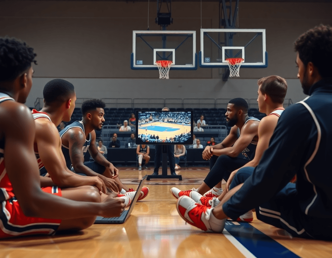 Coach and players review clips, planning how to scout a basketball team for matchups on practice.