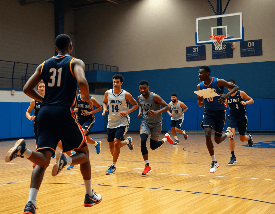 Players sprint through a drill as the coach uses notes to explain how to scout a basketball team.